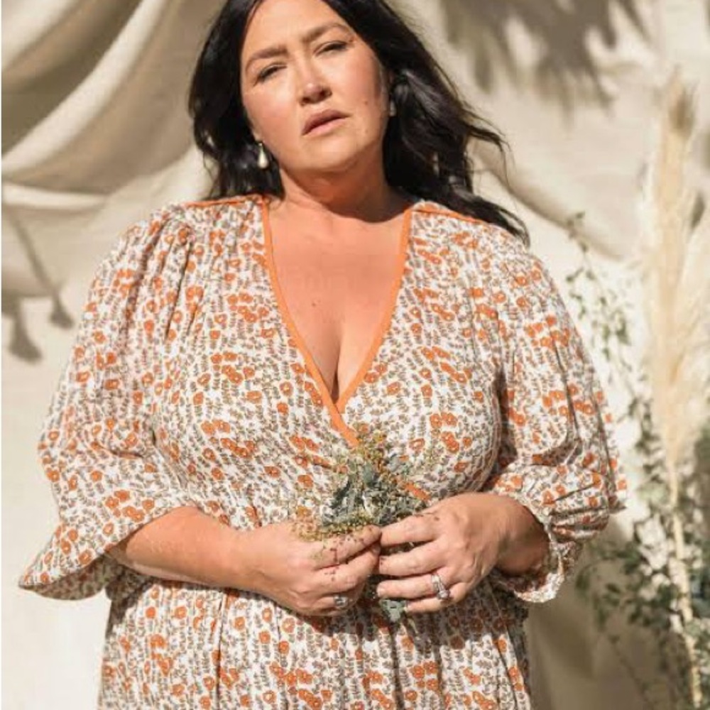 Daughters of India Binita Maxi Dress Medium 100% Cotton Apricot White Floral